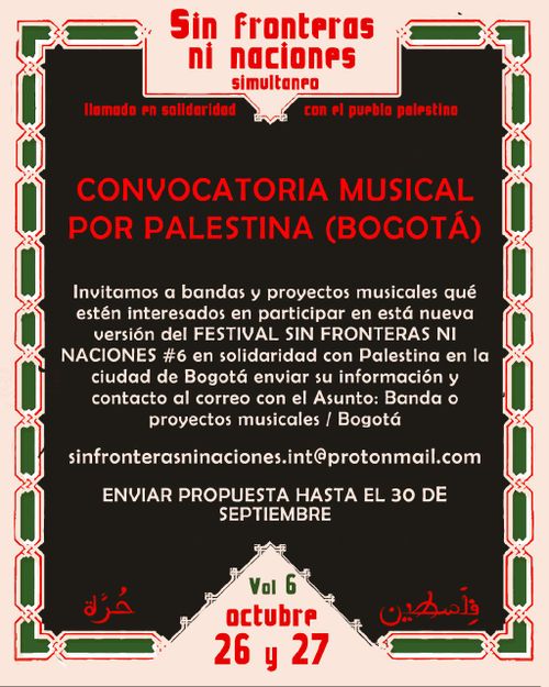 Convocatoria Musical Festival Sin Fronteras Ni Naciones  #6 En solidaridad con Palestina