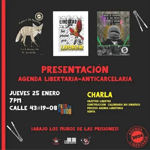 Presentación Agenda libertaria- Anticarcelaria 2024. Tres portadas diferentes de la agenda. ¡Abajo los muros de las prisiones!